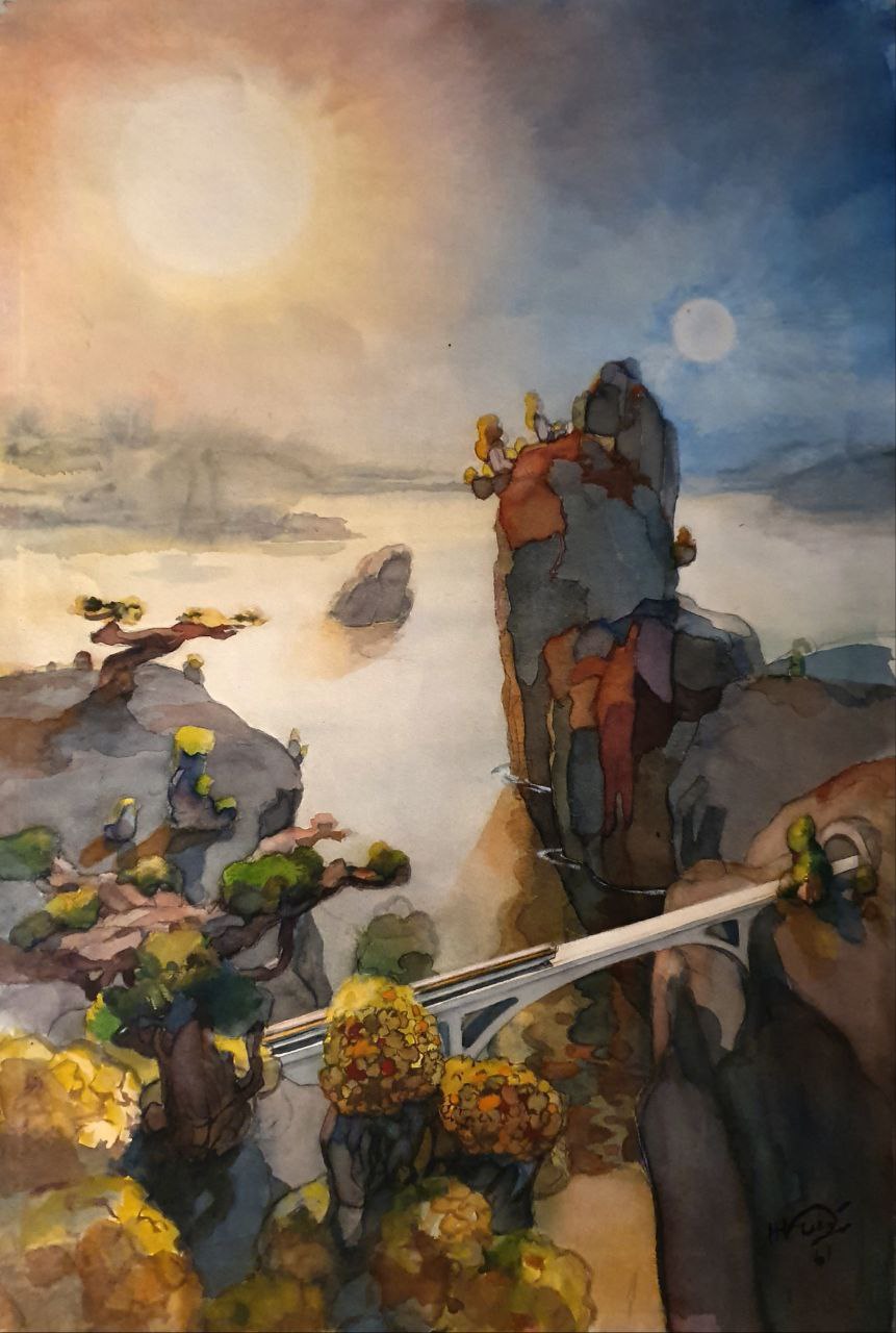 Николай Михайлович Кольчицкий (1907 - 1979) Мир с двумя солнцами. Из цикла иллюстраций к книге Сергея Леонидовича Вальдгарда