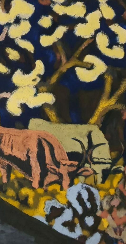 Фёдор Васильевич Семёнов-Амурский (1902 - 1980) Двое на фоне леса с быками. Фрагмент. 1942