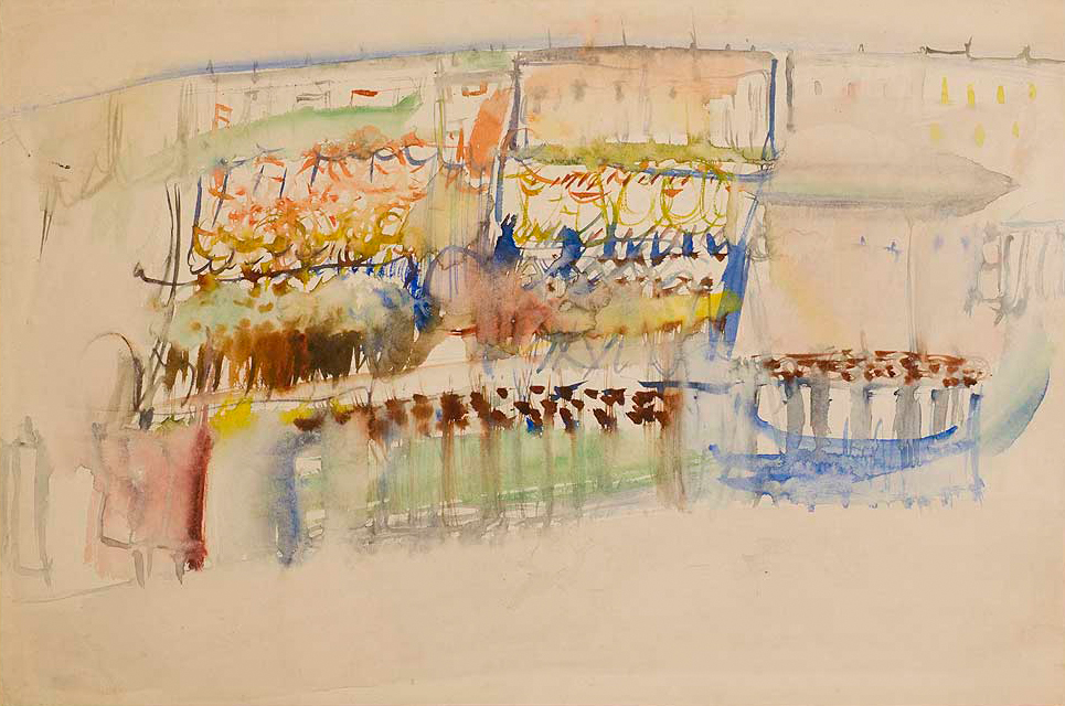 Лабас Александр Аркадьевич (1900 - 1983) Трамвай на городской площади. 1927 Бумага, акварель. 32 х 47,8